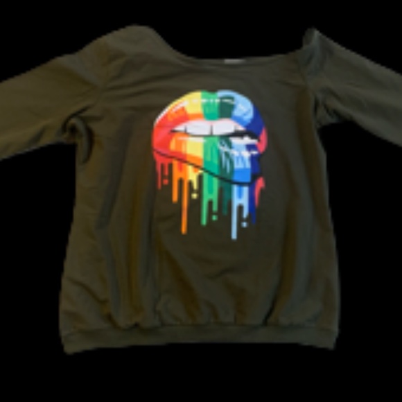 MagicMK Women's Shirts Rainbow Mouth Lips Off the Shoulder - Picture 11 of 13